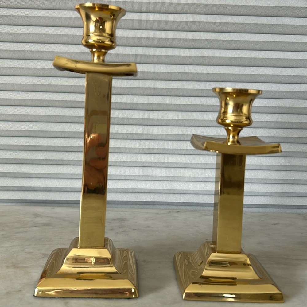 Set of vintage brass candle sticks, 8” and 6”